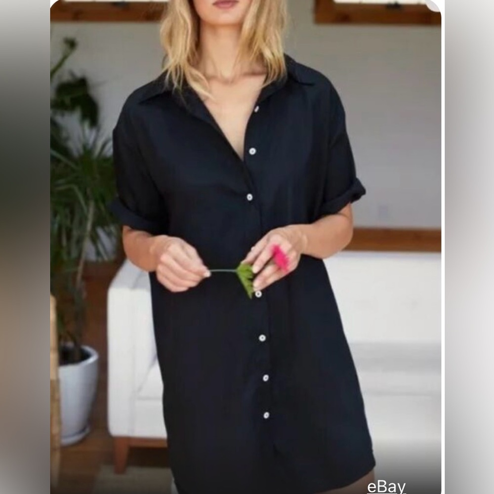 Emerson Fry XL Women Black 100% Tencel Shirt Dress Short Sleeve Button Up